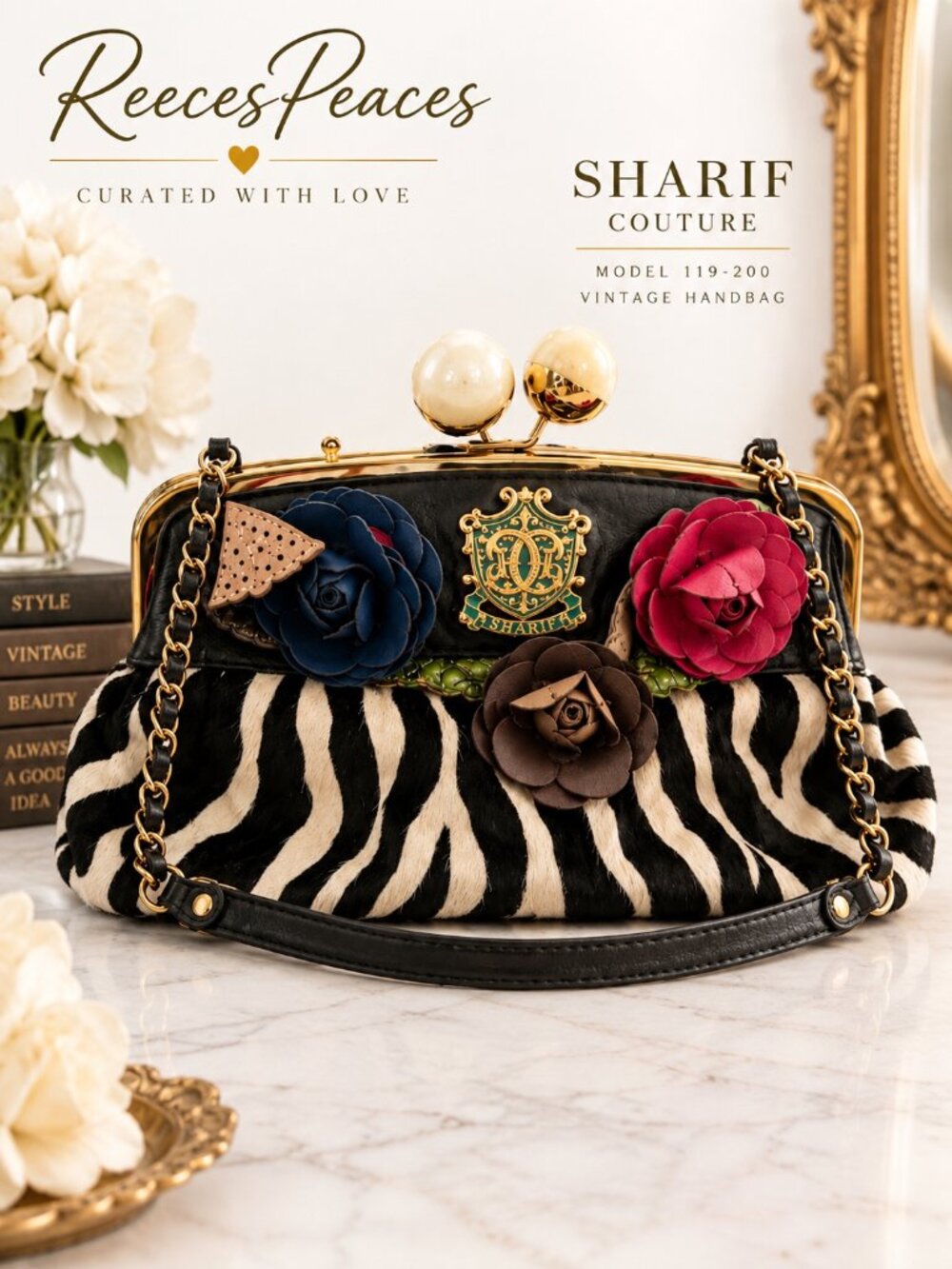 Vintage Sharif Couture Zebra Haircalf Floral Handbag Model 119-200